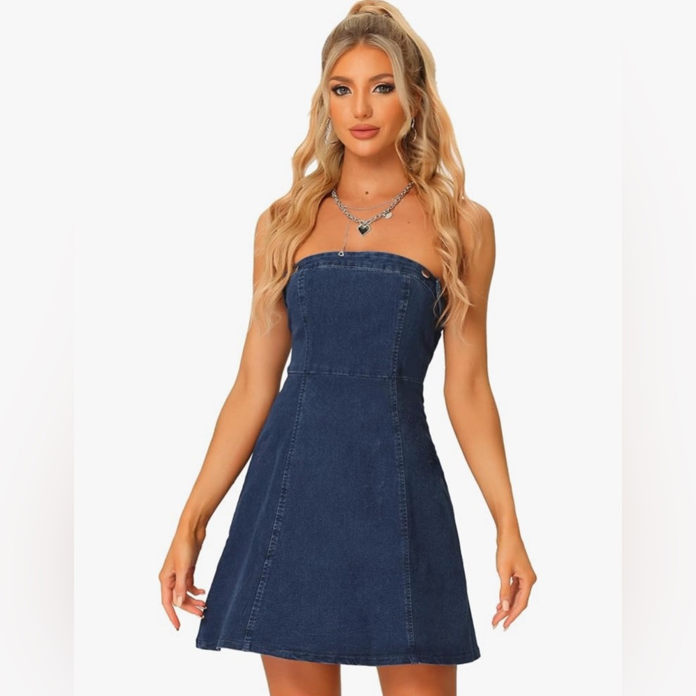 Allegra K Strapless Jean Dresses Sexy Sleeveless One Piece Outfits Denim Dress